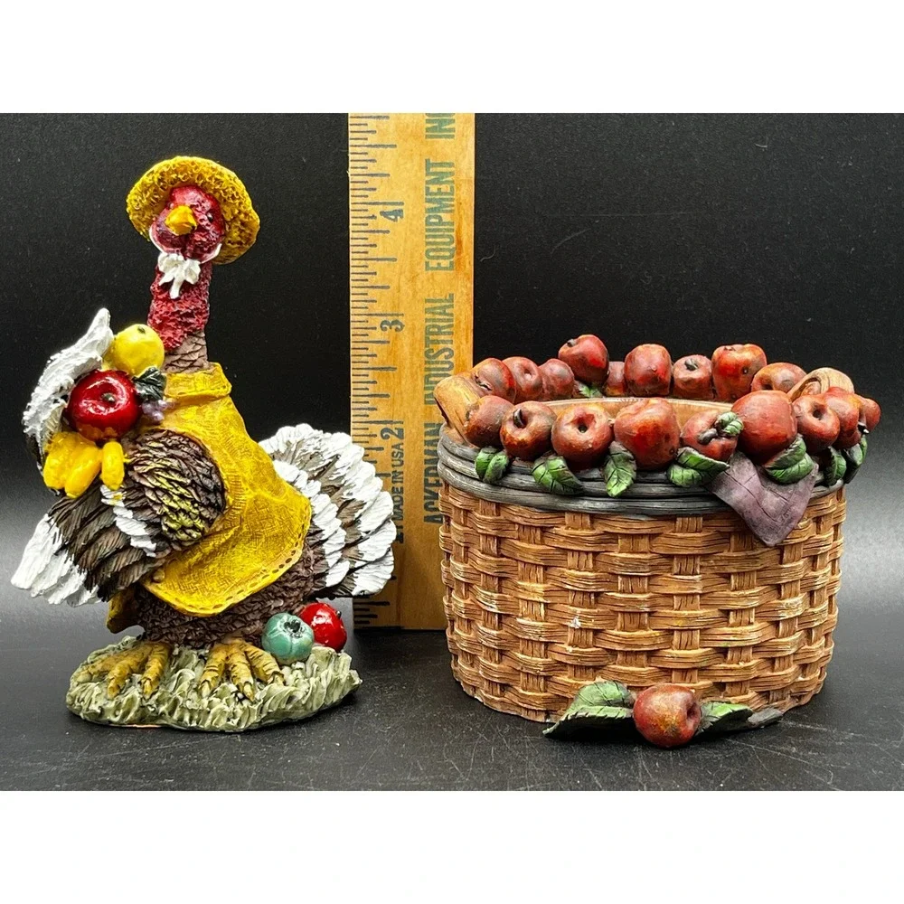 Homespun Country Thanksgiving Turkey Figurine Apple Basket Votive Holder Set